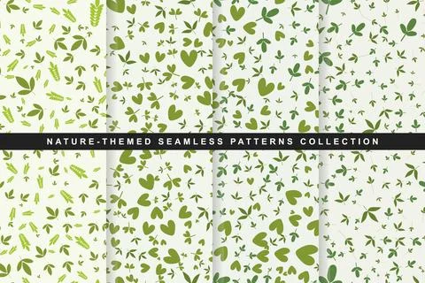 Naturethemed seamless patterns collection with green leaves and hearts Stock Illustration