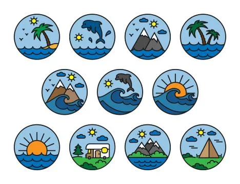 Nature,vacation,camping. Set. Flat. Icon. Vector. Logo. Editable stroke Stock Illustration