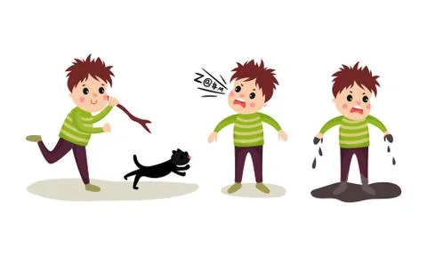 Naughty Boy Chasing Cat, Standing in Mud and Abusing Vector Illustration Set Stock Illustration