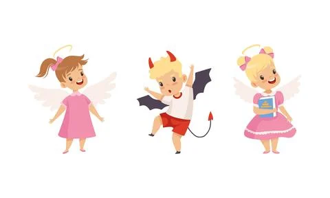 Naughty Boy with Devil Horn and Obedient Little Girl in Neat Dress with Angel Stock Illustration