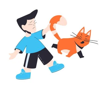 Naughty Boy Pull Cat Tail Have Bad Behaviour Vector Illustration Stock Illustration
