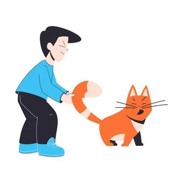 Naughty Boy Pull Cat Tail Have Bad Behaviour Vector Illustration Stock Illustration