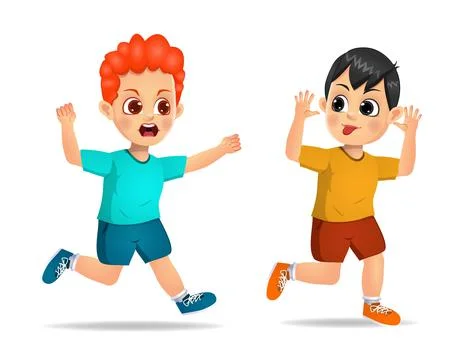 Naughty boy run and show grimace face to angry friend Stock Illustration