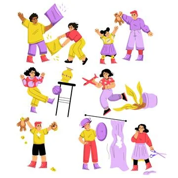 Naughty Children Hooligans Misbehaving Making Mess Vector Set Stock Illustration