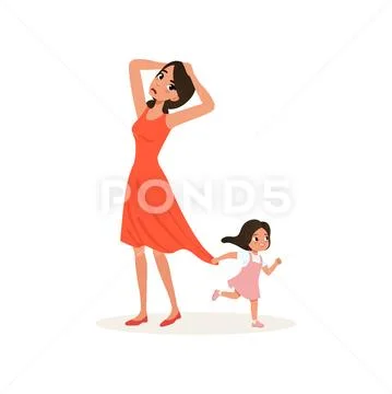 Naughty daughter holding her tired mother for the dress, parenting stress Stock Illustration