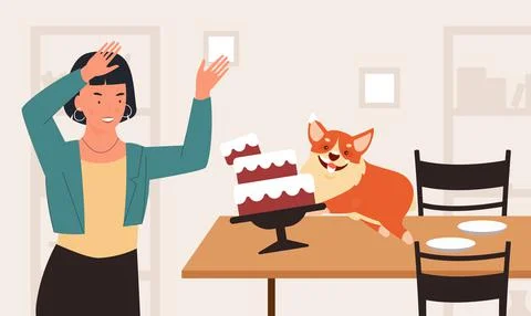 Naughty dog behavior problem, pet owner woman in shock, funny puppy running on Stock Illustration