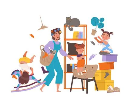 Naughty Hyperactive Children Characters Making Mess and Mother Gathering Things Stock Illustration