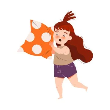 Naughty Little Girl Pillow Fighting Making Mess and Chaos Around Vector Stock Illustration