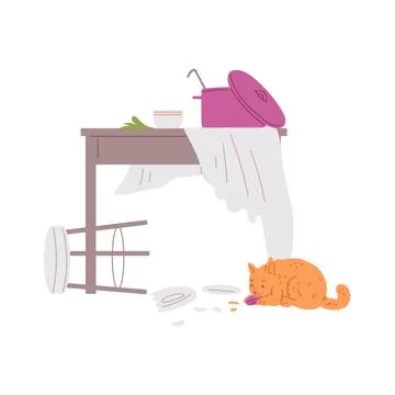 Naughty red cat pulled tablecloth and broke plate flat style Stock Illustration