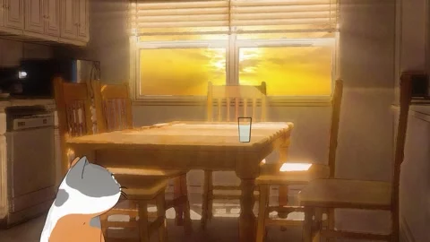 Naughty Retro Anime Cat Knocking Over Water Glass on Table at Sunset Vídeo Stock 338320845