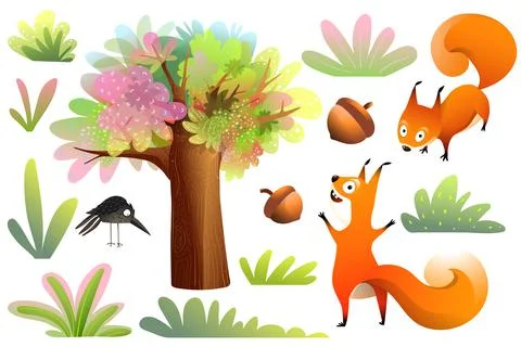 Naughty Squirrels and Forest Tree Clipart Set Stock Illustration