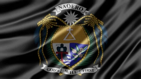 Nauru coat of arms emblem displayed on a smooth dark fabric background Stock Footage 344166402
