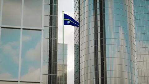 Nauru Flag 3D Render Animation on Pole with City Buildings Stock-Footage 332879254