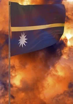 Nauru flag on pole with sky background Stock Illustration