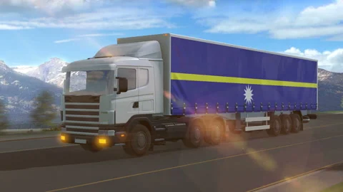 Nauru flag shown on the side of a large truck Stock Footage 122104346