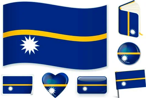 Nauru flag wave, book, circle, pin, button, heart and sticker. Stock Illustration