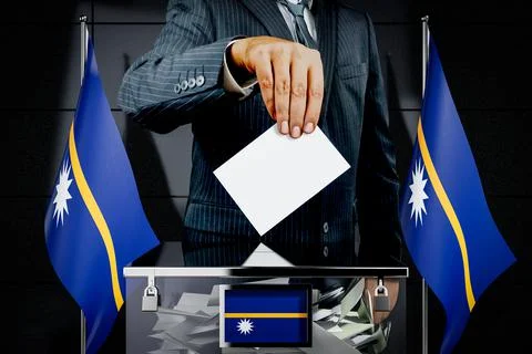 Nauru flags, hand dropping voting card - election concept - 3D illustration Ilustración de archivo