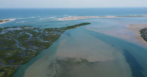 Nauset Marsh at Eastham Cape Cod Zoom Out Aerial Stock Footage 198720447