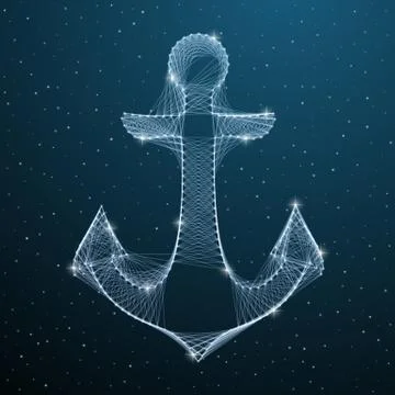 Nautical Anchor low poly digital silhouette with lines and dots on blue dark イラスト素材
