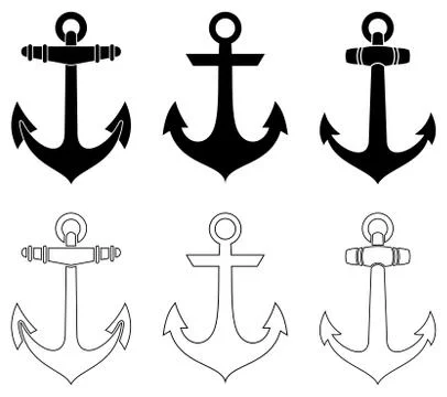 Nautical Anchor symbol vector set in black full and outline color. Stock Illustration