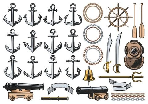 Nautical anchors, helm, ropes, chains and cannon イラスト素材