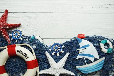 Nautical and summer background top view on wooden background Stock Photos