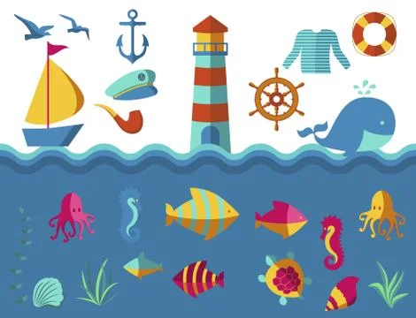Nautical animal elements wave ocean sea blue marine vector illustration. Stock Illustration