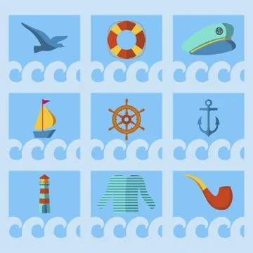 Nautical animal elements wave ocean sea blue marine vector illustration. Illustrazione stock