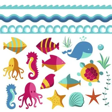Nautical animal elements wave ocean sea blue marine vector illustration. Stock Illustration