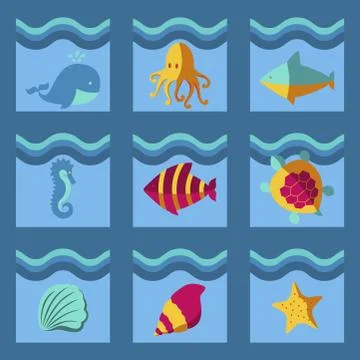 Nautical animal elements wave ocean sea blue marine vector illustration. Stock Illustration