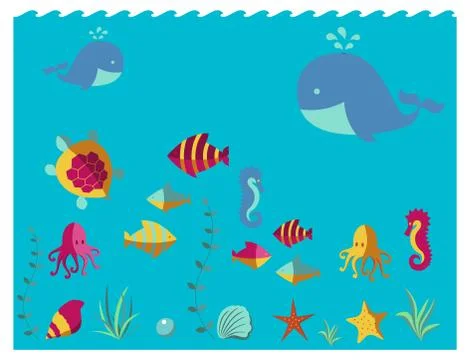 Nautical animal elements wave ocean sea blue marine vector illustration. Illustrazione stock