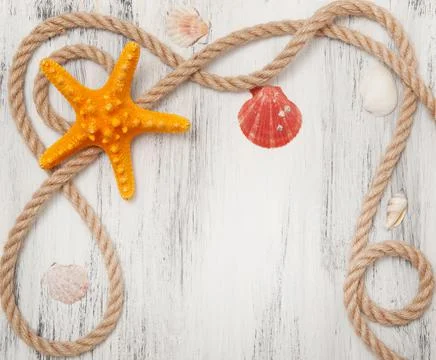 Nautical background with ropes, shells and starfish Stock Photos