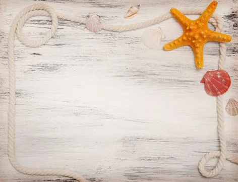 Nautical background with ropes, shells and starfish Stock Photos