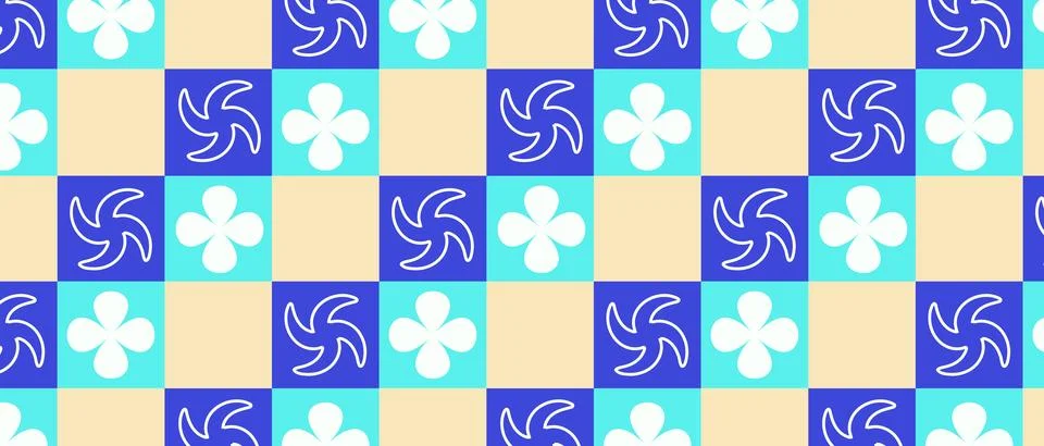 Nautical blue and cream pattern with white swirl motifs and floral shapes i.. Stock Illustration