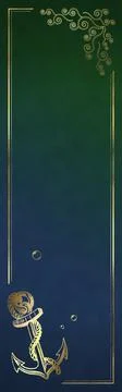 Nautical Bookmark - Anchor and Algae with Golden Effects - Green &amp; Blue Illustrazione stock