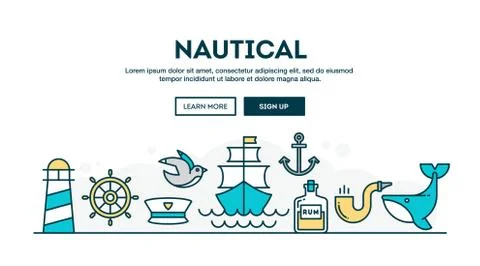 Nautical, colorful concept header, flat design thin line style Illustrazione stock