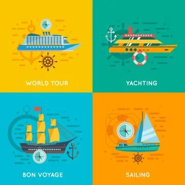 Nautical concept 4 flat icons square Stock Illustration