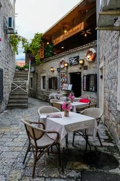 Nautical Decor Interior of Cafe in Old Town Budva Montenegro December 4 2025 Stock Photos