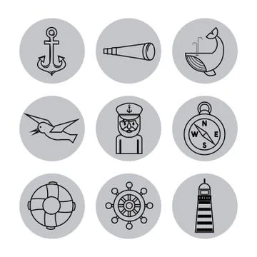 Nautical design elements anchor wheel fish lifebuoy compass bird spyglass イラスト素材