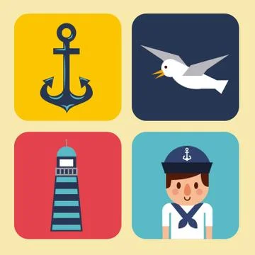 Nautical design elements anchor wheel boat fish lifebuoy lighthouse イラスト素材