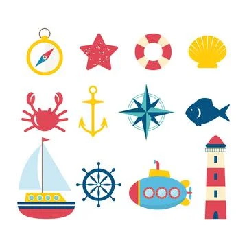 Nautical design elements in flat style. Collection of nautical symbols Stock Illustration