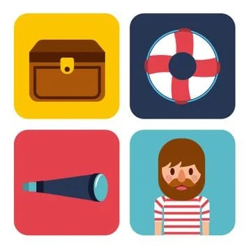 Nautical design elements life buoy sailor treasure chest spyglass Stockillustratie