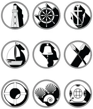Nautical elements I icons in knoted circle in black and white Stock Illustration