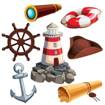 Nautical elements icon set. Cartoon captain attributes. Vector illustration. Stock Illustration