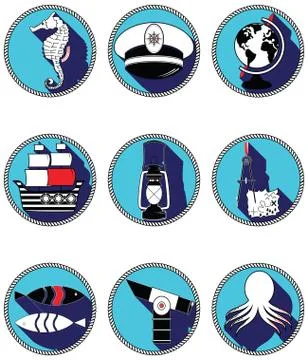 Nautical elements icons in knotted circle Stock Illustration