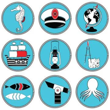Nautical elements icons in knotted circle Stock Illustration