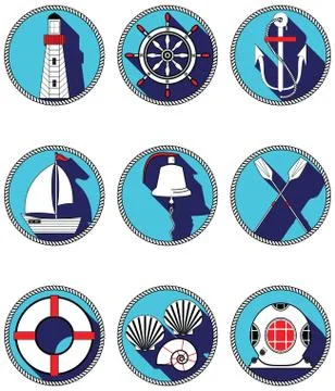 Nautical elements icons in knottet circle Stock Illustration
