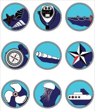 Nautical elements icons in knottet circle Stock Illustration