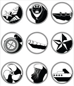 Nautical elements II icons in knottet circlein black and white Stock Illustration