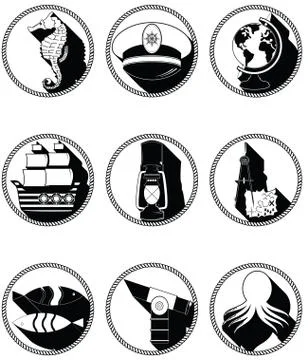 Nautical elements III icons in knotted in black and white Stock Illustration